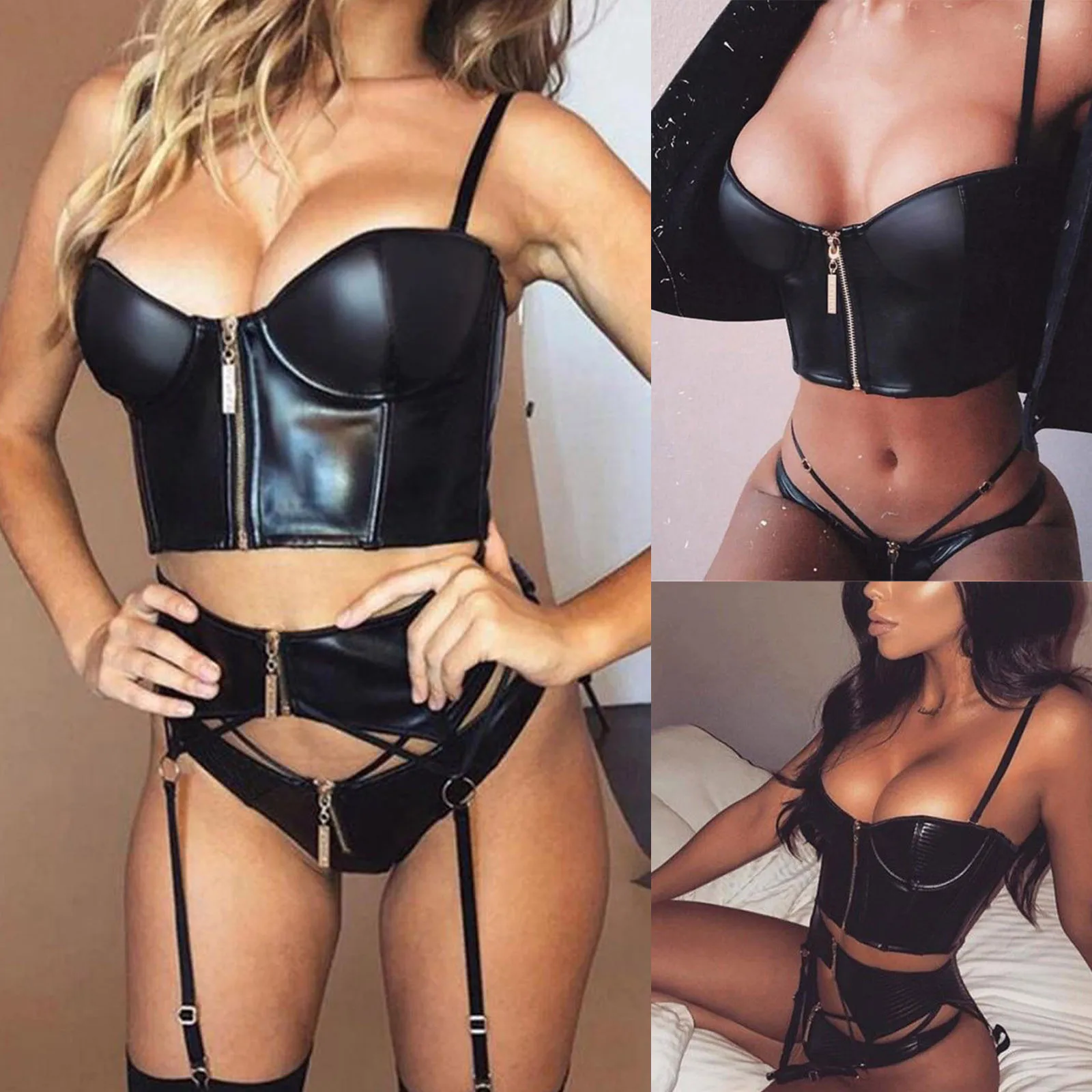 

Ladies Sexy Lingerie Set Black Uniform Bra Panties Garters 3-Piece Set Sexy Lingerie For Women Leather Sexy Motorcycle Style