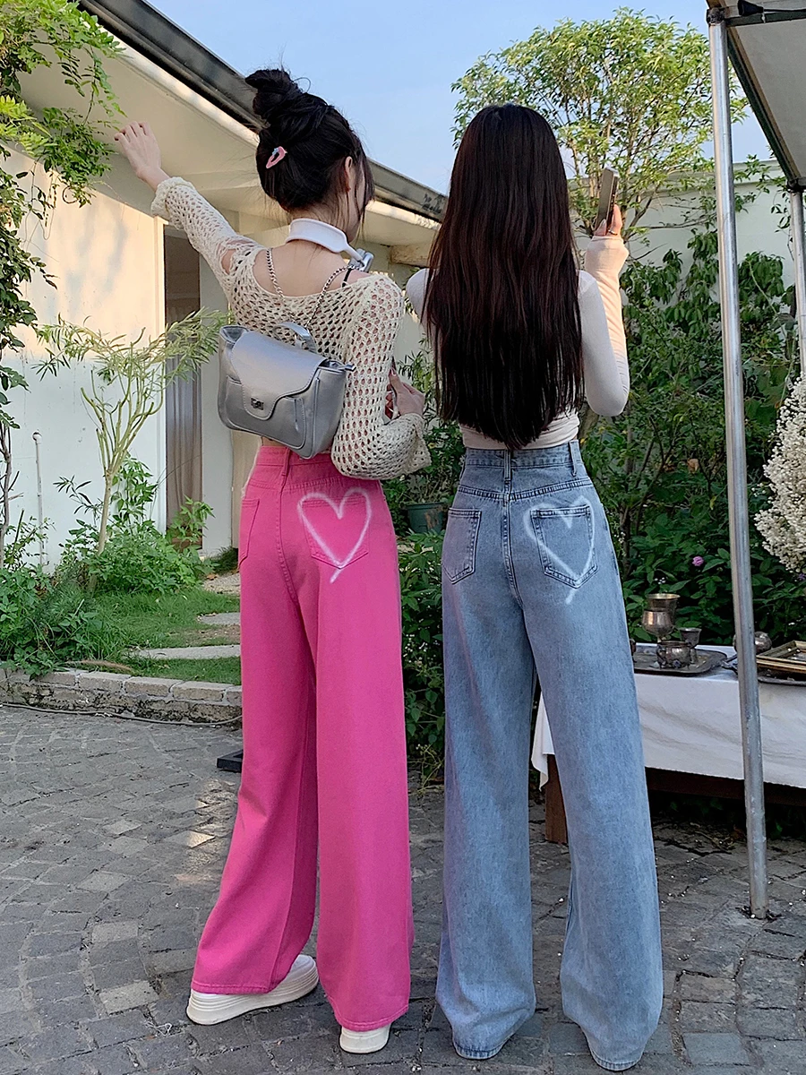 Real time photo of pink love graffiti loose straight denim wide leg pants for women 2023 new high waisted slimming mop pants