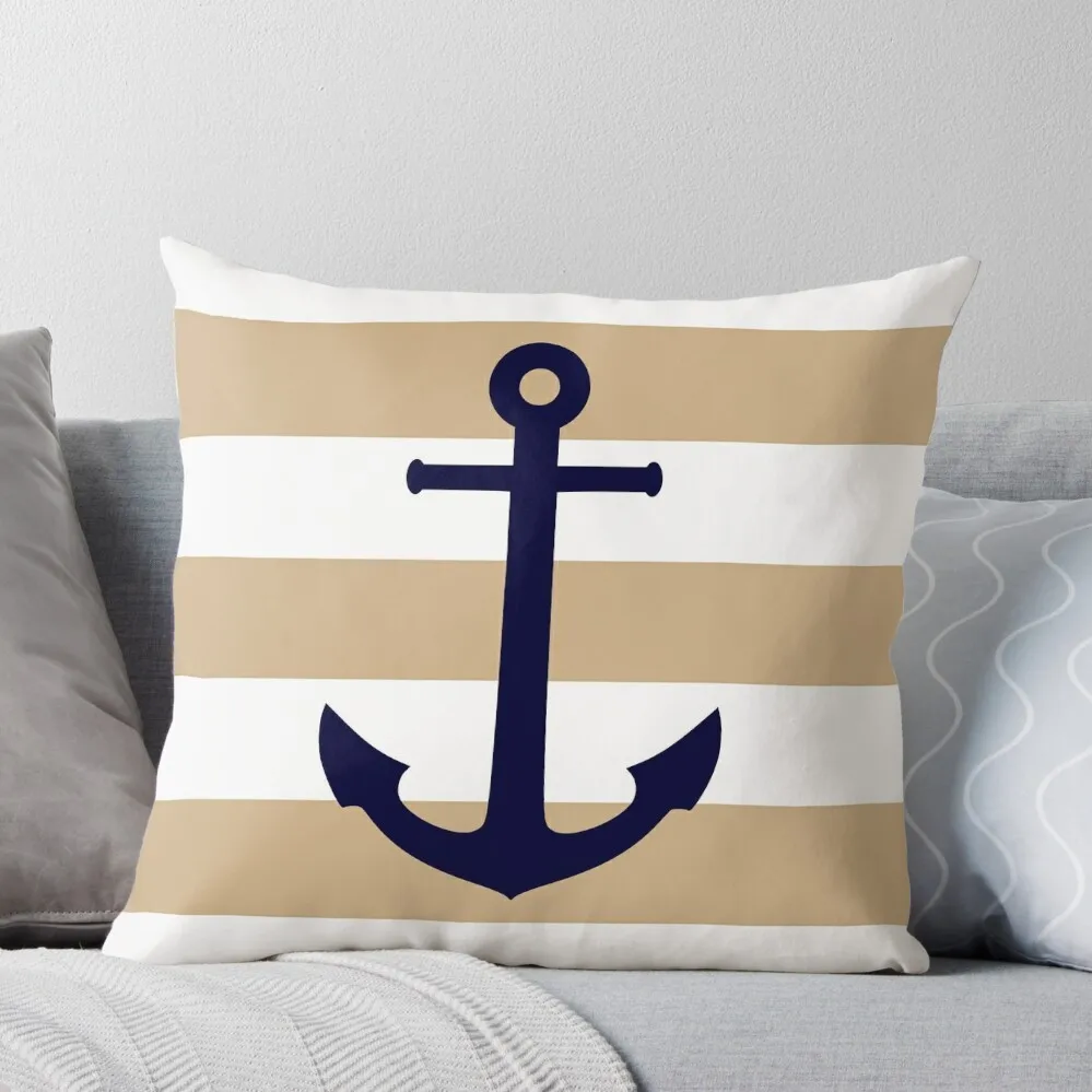 

Nautical Navy Blue Anchor On Tropical Tan Stripes Throw Pillow christmas decorations 2024 Pillowcases For Pillows