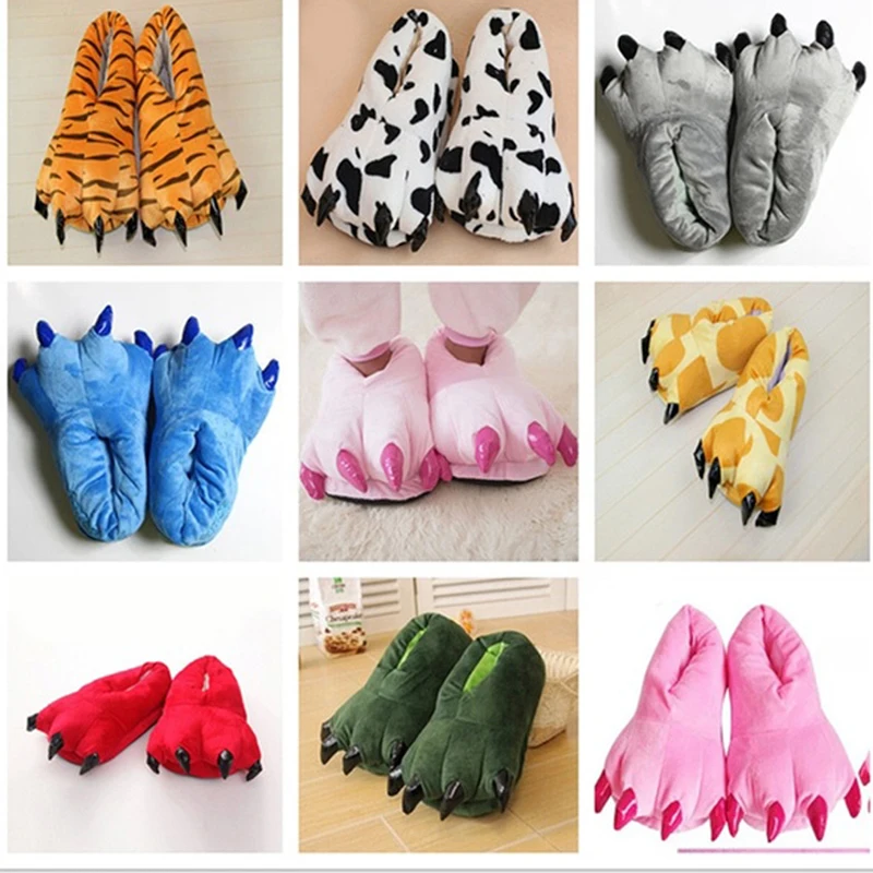 2024 Winter Warme Weiche Innen Boden Hausschuhe Frauen Männer Schuhe Pfote Lustige Tier Weihnachten Monster Dinosaurier Klaue Plüsch Hause