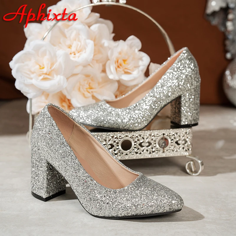 Aphixta 8.5cm Bling Shoes Women Premium Chunky Heel Pumps Party Pointed Toe Official Shoes Big Size 42