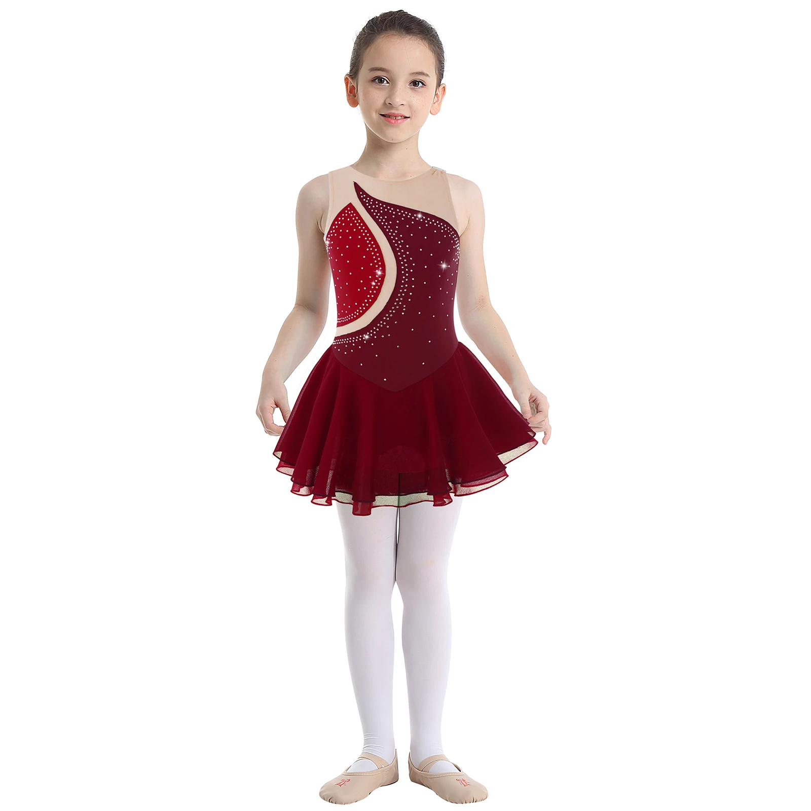 

Kids Girls Stylish Ballet Dress Wear Sleeveless Round Neck Rhinestone Decorated Patchwork Skating Dance Dress Stage Performance