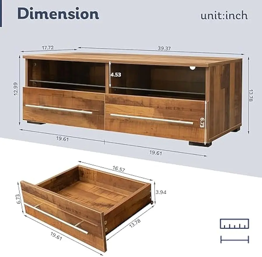 LED TV Stand for up to 43" TVs, Mid-Century Entertainment Center with Color Modes, 2 Drawers & Glass Shelves – Brown
