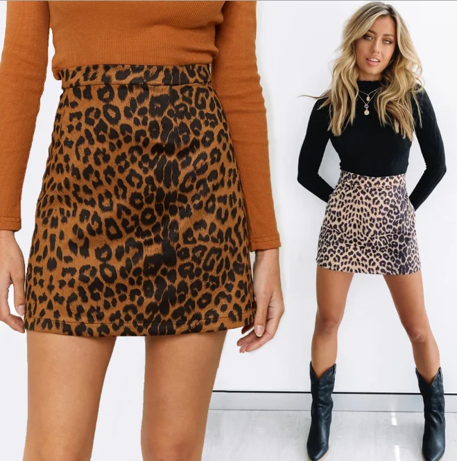 2021 Women's Suede Hip Wrap Skirt Sexy Leopard High Waist Zipper Autumn Winter A-line Skirt Girl Beige Universal crop top with skirt