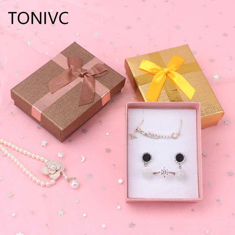 Multiple Colour 7cm*9cm Square Cardboard Jewelry Box Bow Design Necklace Earrings Ring Display Packaging Gift Box Storage practical multifunctional stylish convenient square solid color bow design ring necklace earrings jewelry storage box case