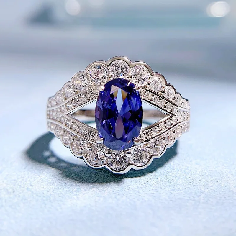 

New 925 Pawnable Silver Ring for Women Tanzanite Blue 6x9mm Ice Flower Cut High Carbon Birthday Gift Anniversary
