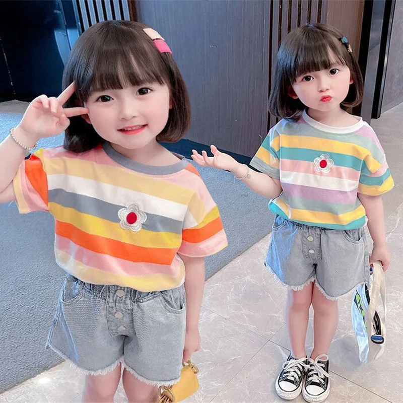 2026 새로운 스타일 여자아이 여름 티셔츠 스윗 데이지 레인보우 스트라이프 반..