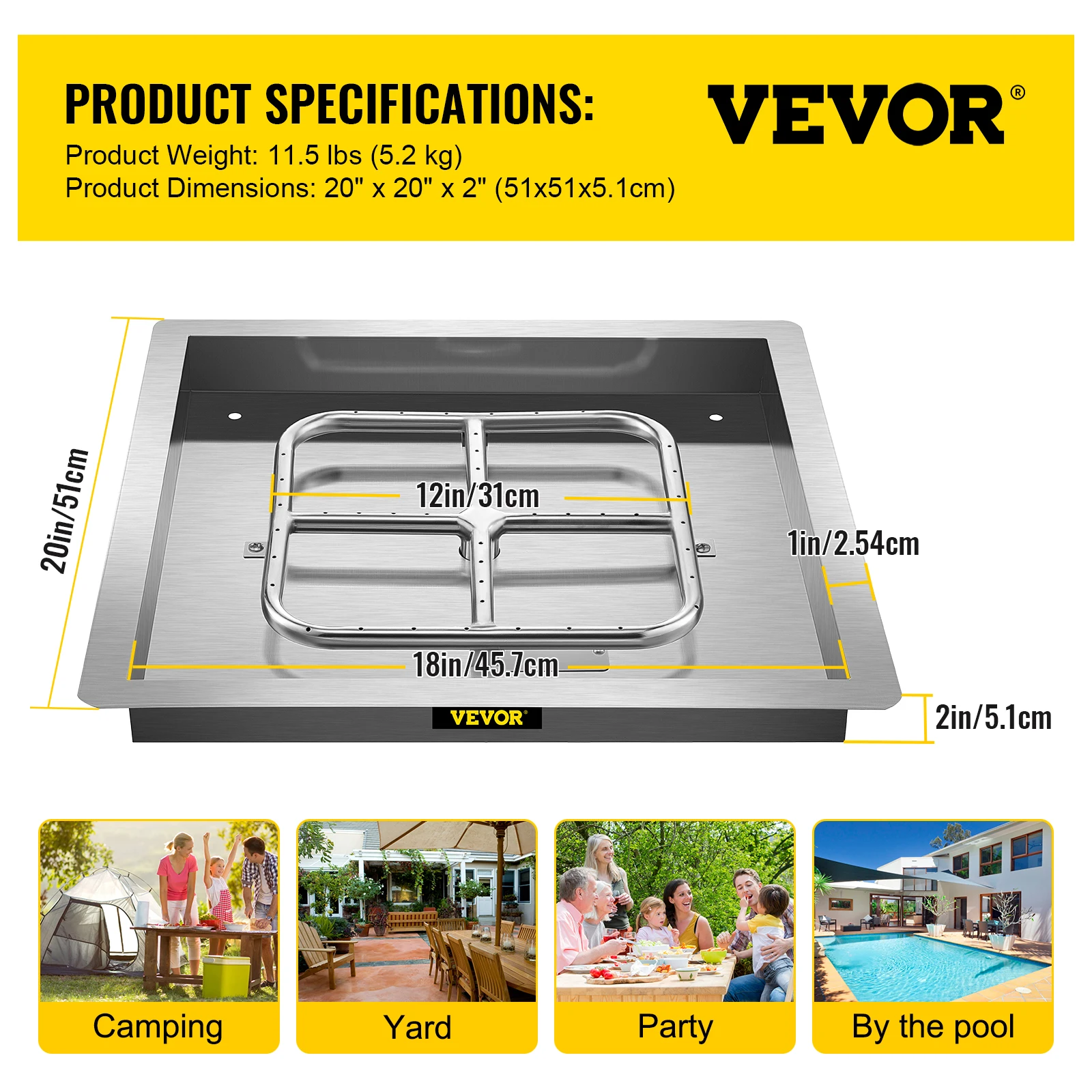 VEVOR Drop in Fire Pit Pan 18" x 18" Square Fire Pit Burner Stainless Steel Gas Pan with 1 Pack Volcanic Rock