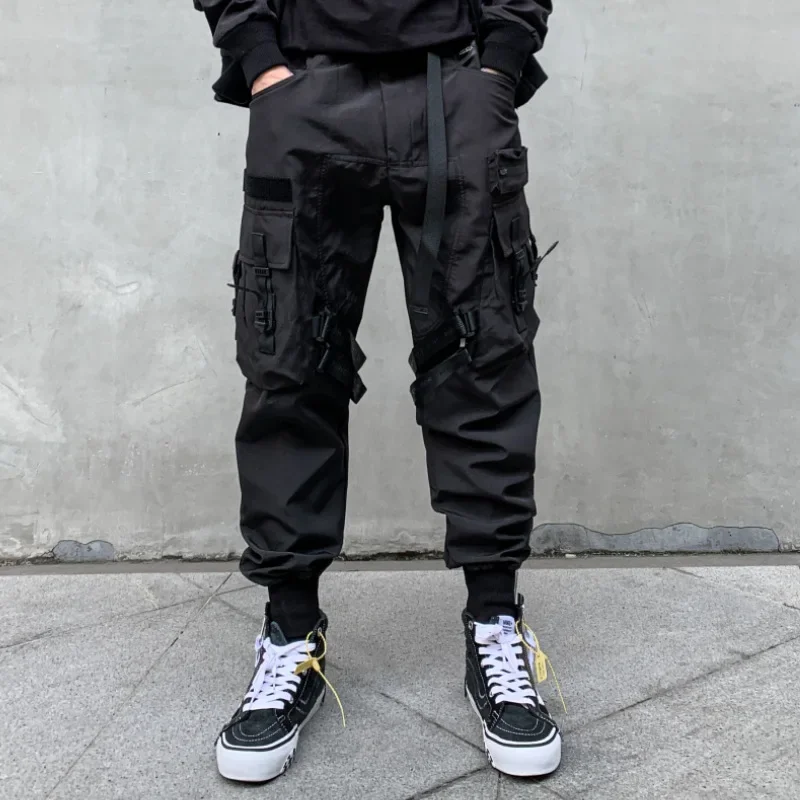 

Unisex Multi-Pocket Cargo Pants Elastic Waist Overalls Men'S Clothing Harajuku Hiphop Streetwear Ribbon Leggings Sweatpants