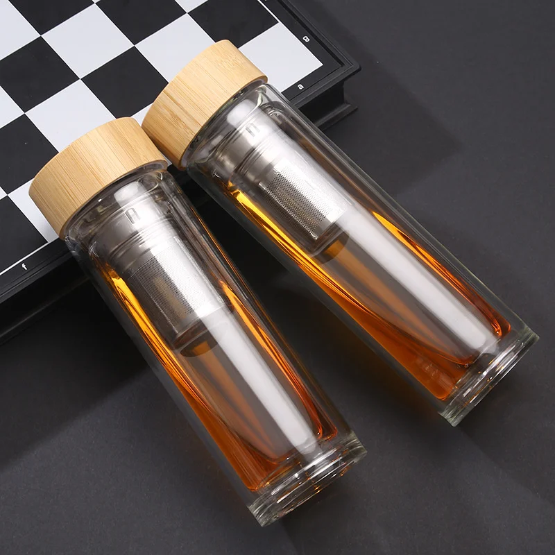 450ml500mlTravelGlassWaterBottlewithStainlessSteelTeaInfuserFilterDoubleWallGlass