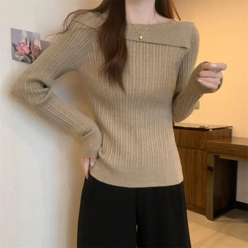 

Lady Boat Neck Top Soft Stretchy T-shirt Soft Knitted Long Sleeve Pullover for Women Slim Fit Sweater Blouse with Irregular Boat
