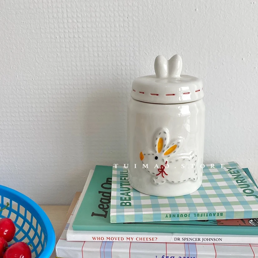 Cute Rabbit Sealed Storage Jar Tea Coffee Bean Storage Ceramic Jar Cartoon Decoration Kitchen Food Storage  Containers 4