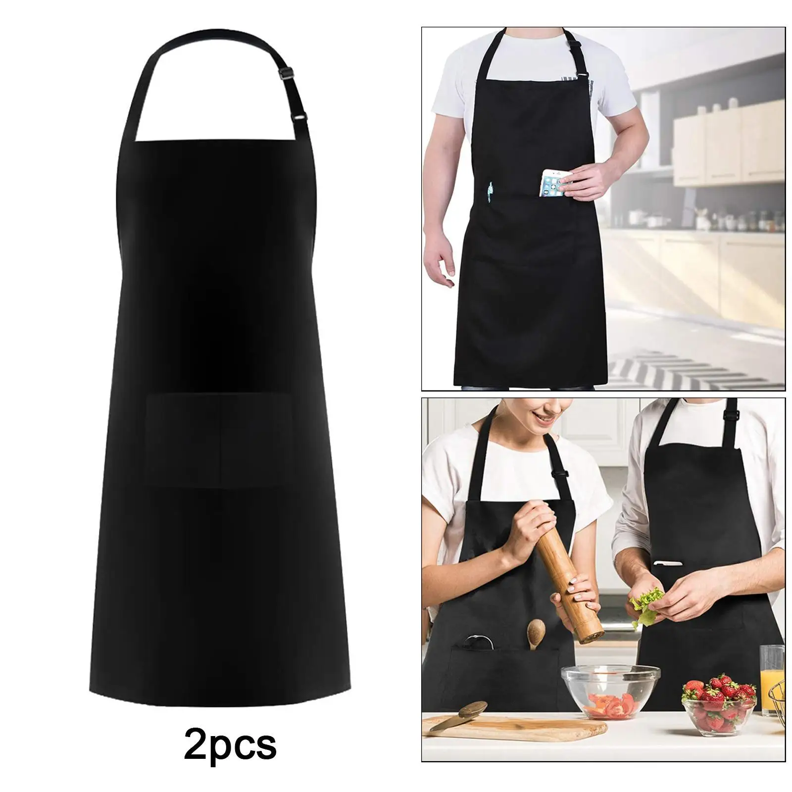 

Set of 2 Large Kitchen Apron Comfortable Chef Bib for Women Men Solid Color black