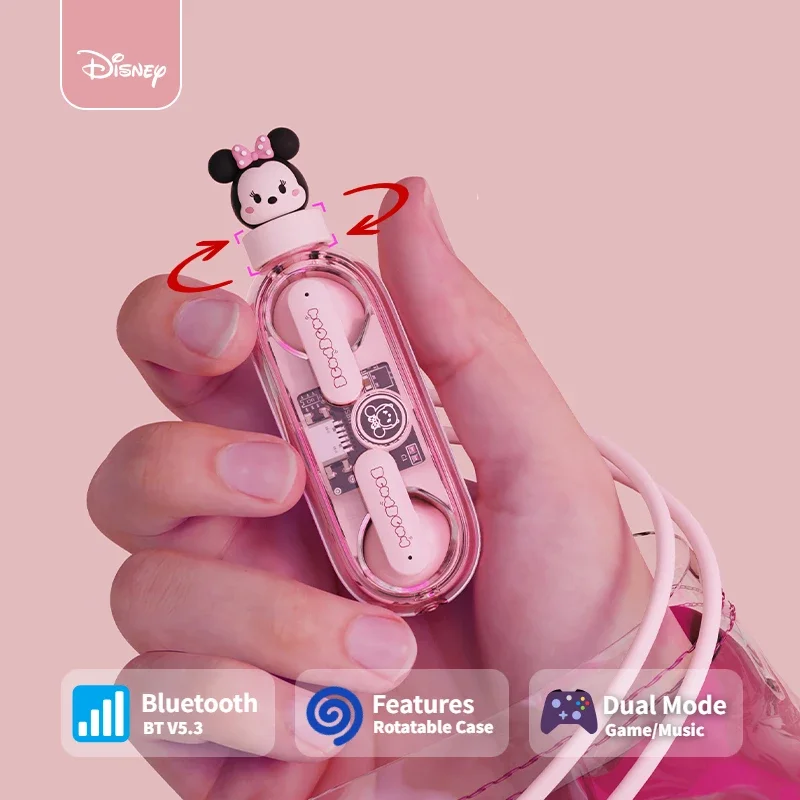 

Наушники-вкладыши Disney с Микки и Минни, TWS, беспроводные наушники Bluetooth 5,3, игровые наушники с шумоподавлением, вращающиеся наушники с RGB-подсветкой и зарядкой