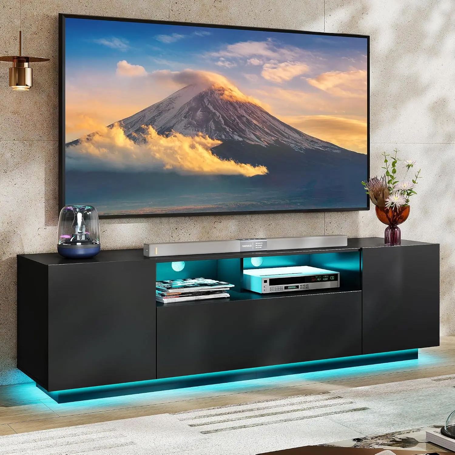 Modern Gaming LED TV Console With Storage Cabinets & Drawer Fits 55/60/65 Inch T