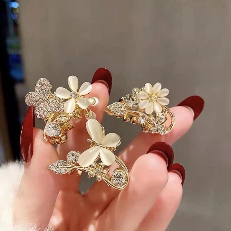 2024 New Alloy Rhinestone Women\'s Crab Hair Clips Shining Opal Side Barrettes Hair Bows Girl Headdress Spring Clip Accessories