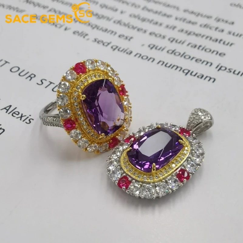 SACE G 럭셔리 100%  10*14MM 천연 자수정 크리스탈 반지 펜던트 결혼 약혼 파인 쥬얼리 세트 선물