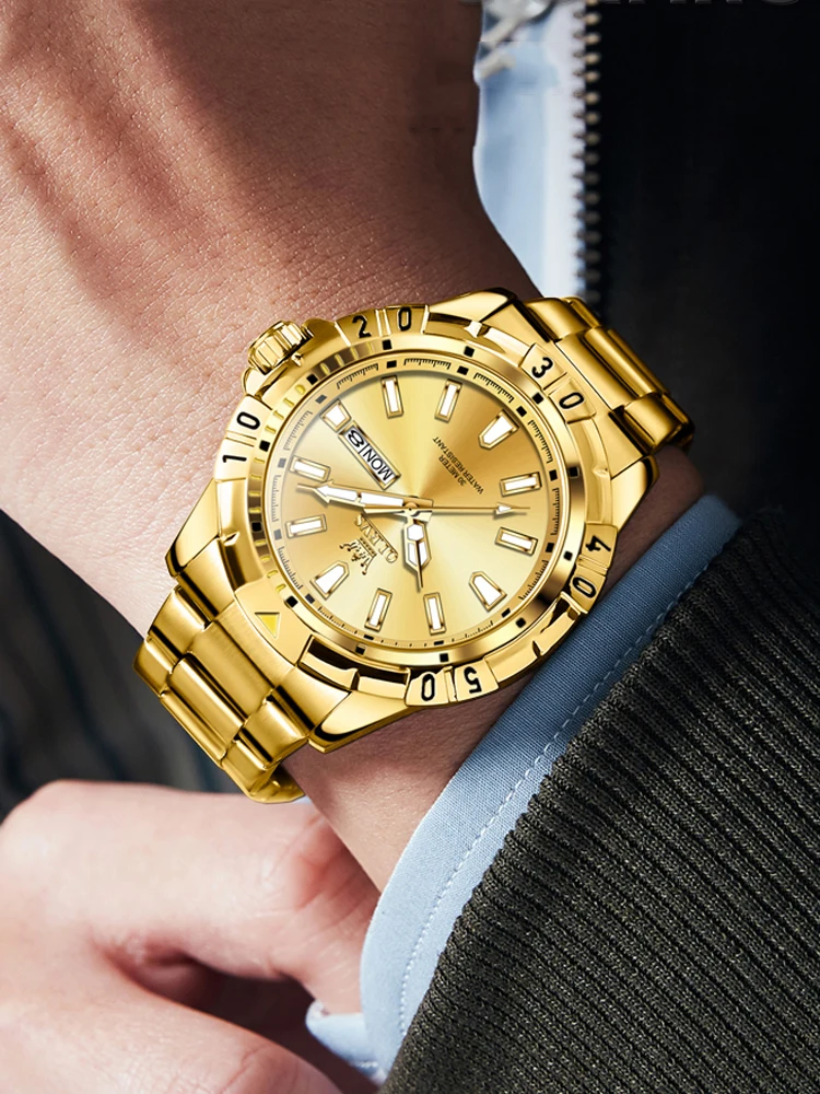 OLEVS Luxury Fashion Men Gold Steel Watch Calendar Quartz Wristwatch Business Watches Man Clock for Men Relogio Masculino