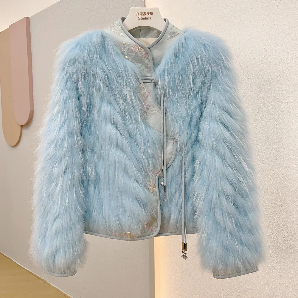 Real Fur of Raccoon Coat China Disc Buckle Single Breasted Female Knitted Jackets 2023 Winter New Thick Warm Fur Women's Clothes