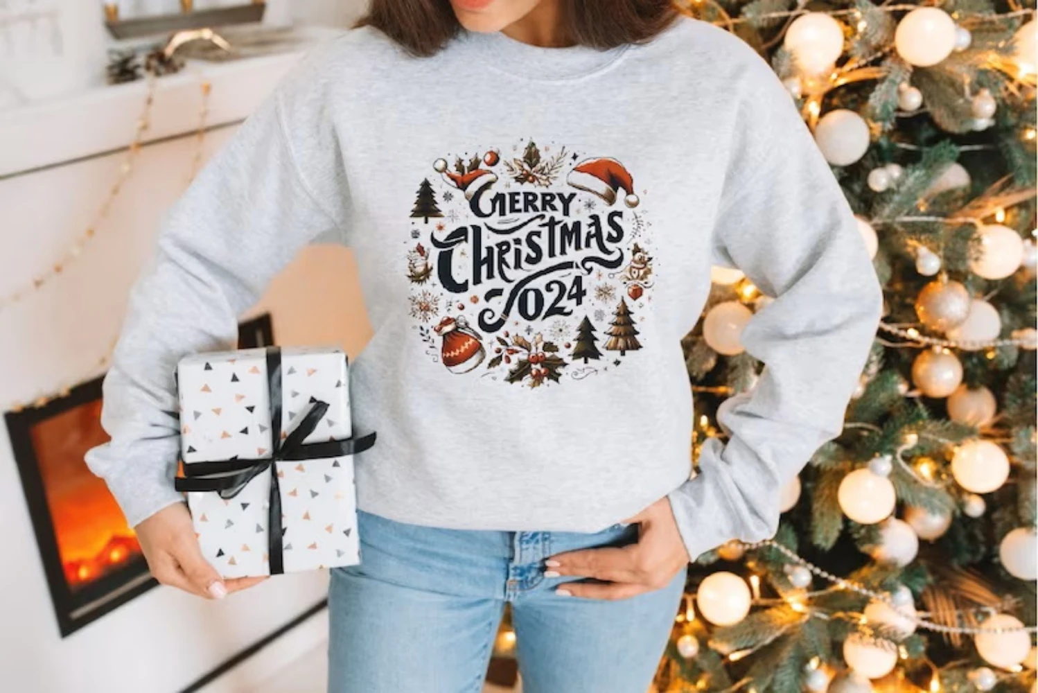 2024 Merry Christmas Sweatshirt Happy Holiday Crewneck Pullover Top Cute Funny Shirt Celebrate New Year Winter Women Clothes