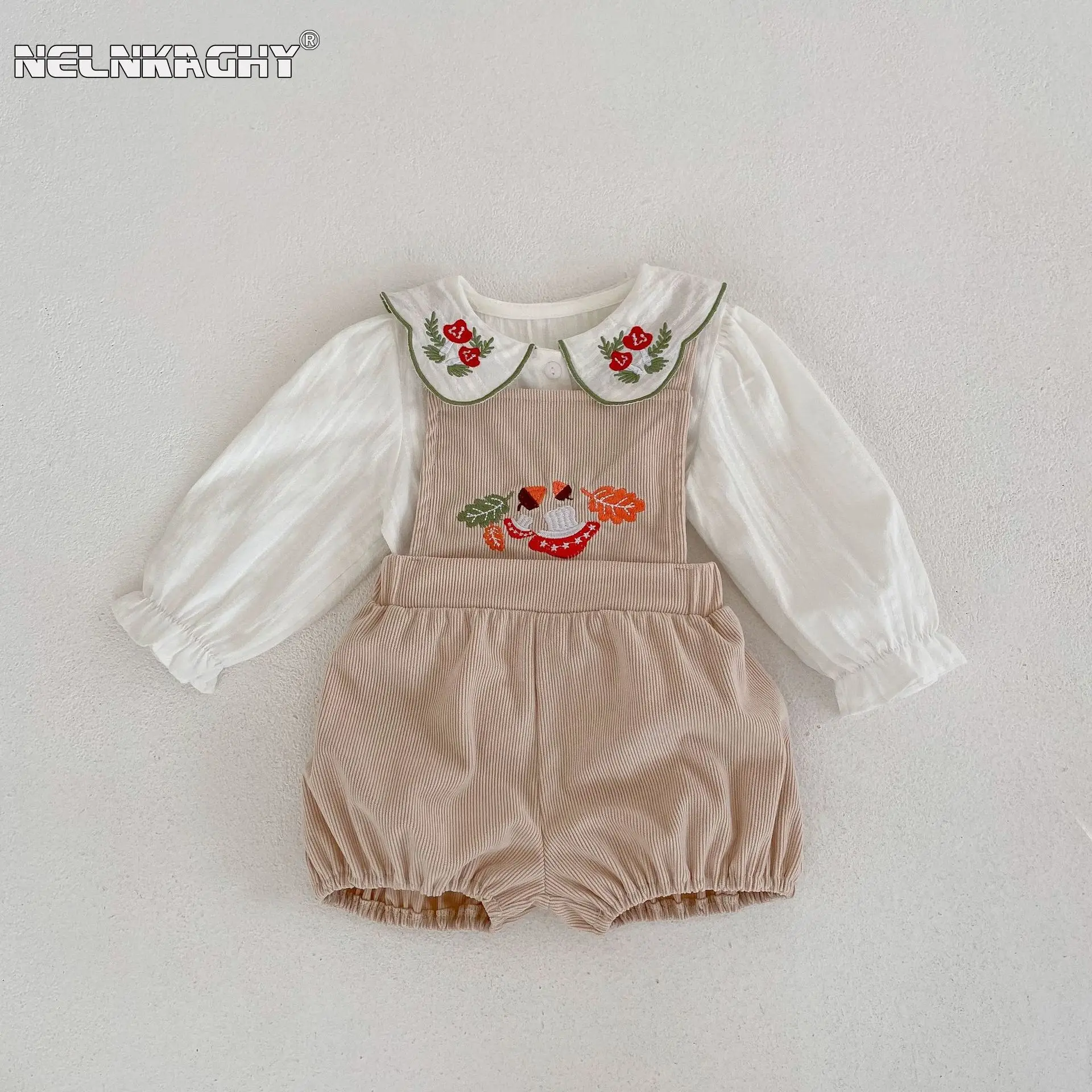 

Autumn Spring Kids Baby Girls Peter Pan Collar Top Shirts+strap Overalls Bodysuits Infant Embroidery Clothing Set 2pcs 0-3Y