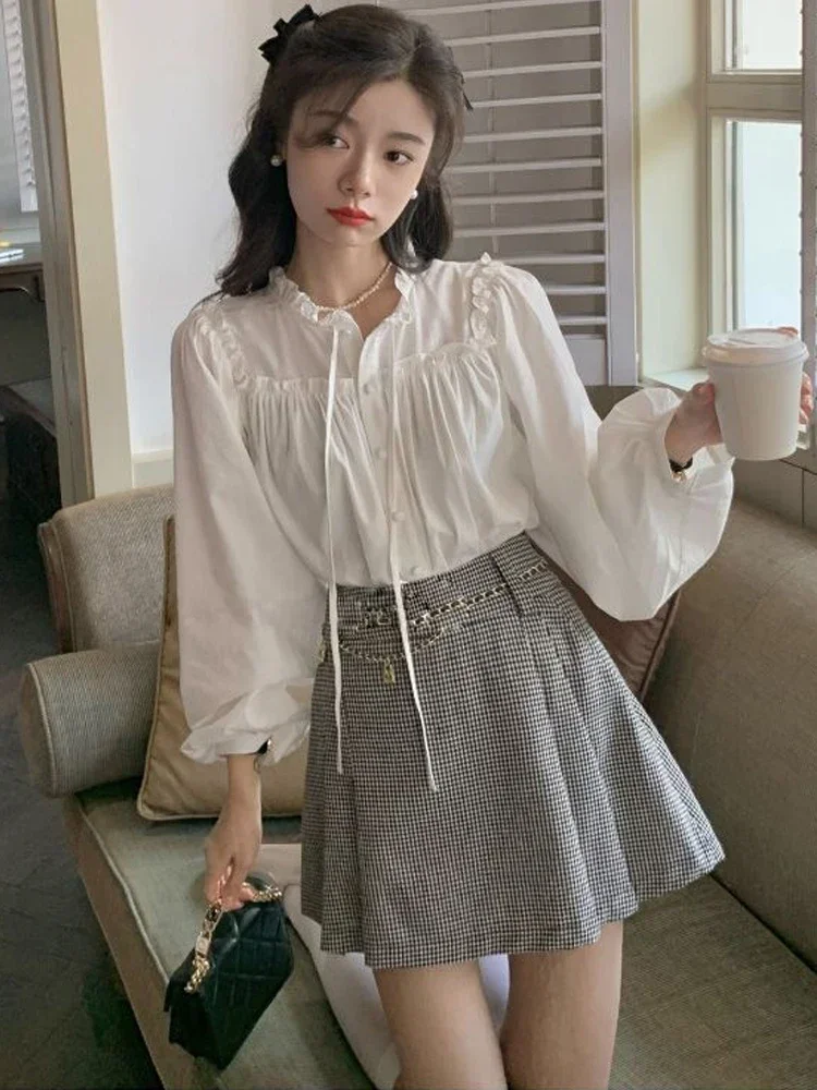 

White Shirt Women Korean Style Long Sleeve Tops Ladies Elegant Vintage Lace-Up Button Blouse Female Autumn Casual Loose Shirts