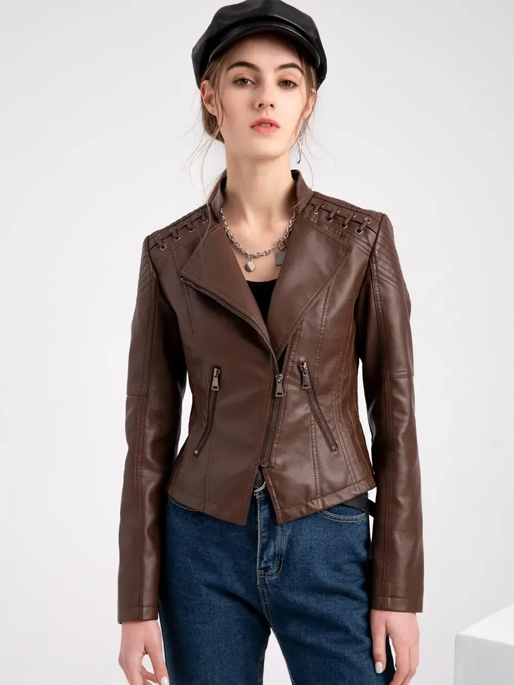 

Women Leather Jacket Pu Faux Coat Zipper Slim Motorcycle Biker Leather Overcoat Female Clothing Outwear Cool Girl Party Topcoat