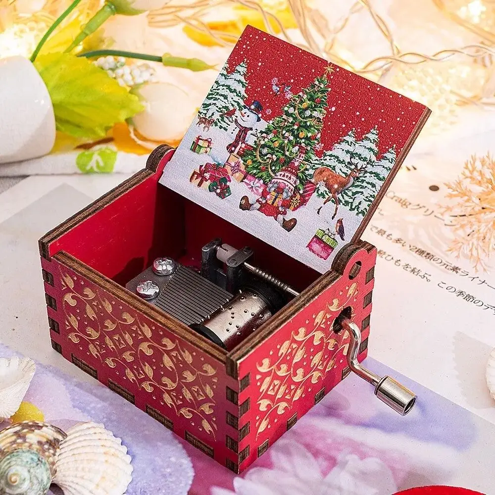 Red Merry Christmas Theme Music Box Carving Wooden Hand Crank Music Box Santa Claus New Year Christmas Gift for Children Friend 2
