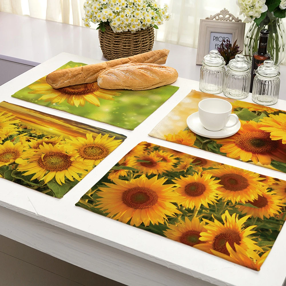42x32cm Yellow Sunflower Kitchen Placemat Green Leaves Sunflower
