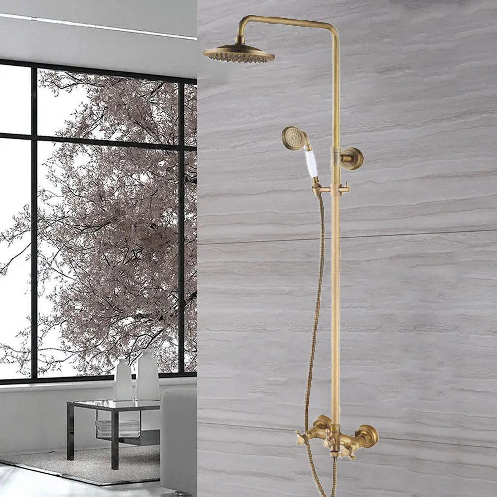Antique Brass Wall Mounted Bathroom Dual Handles 8" Inch Rain Shower Head Faucet Set Bath Mixer Tap ars823