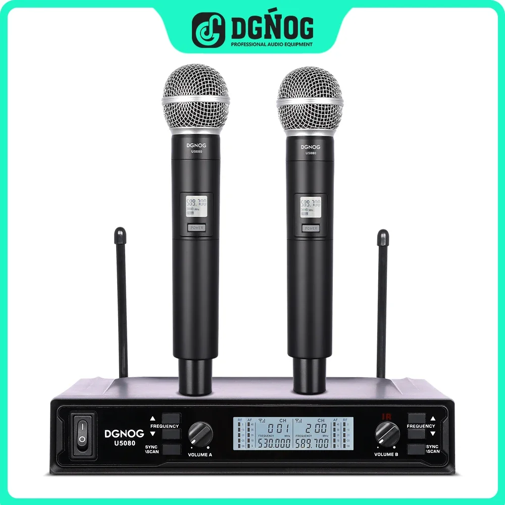 

Professional Dual Wireless Microphone DGNOG U5080 UHF 2 Channels Handheld Mic System for Home Karaok Stage Church Party