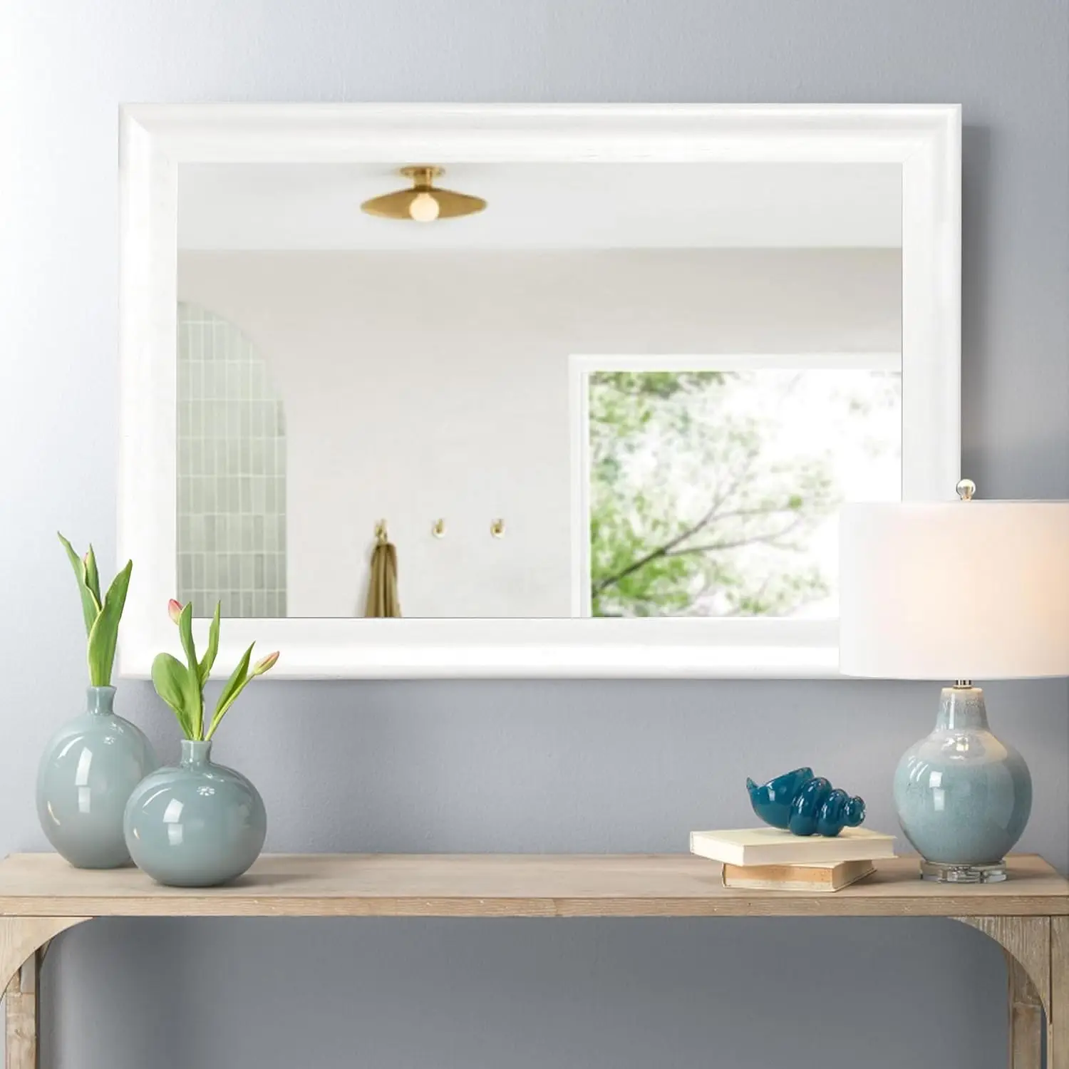 White Bathroom Mirror 20x30 Inch, Wood Wall Mirror with Tempered Glass for Bathroom Living Room Bedroom or Hallway