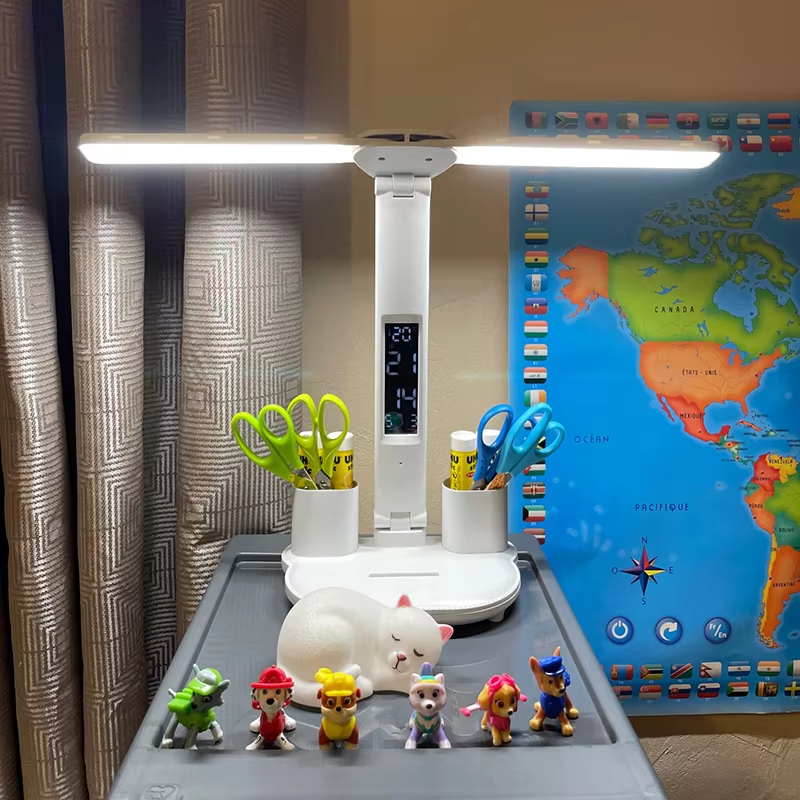 Multifunctional Eye Protection Rechargeable LED Clock Dimmable Desk Lamp 180° Rotating Foldable Desktop Reading Night Light USB