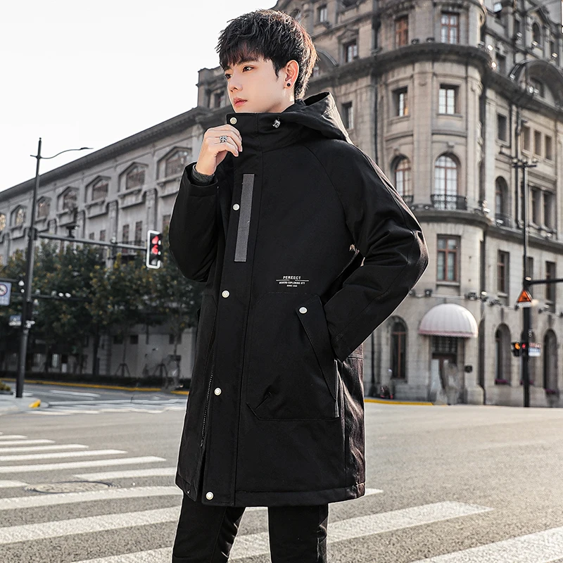 Casual Mid-Length Hooded White Duck Down Jackets Men\'s 2023 Winter Solid Warm Long Puffer Coats Windbreaker Outwear Thick Parkas