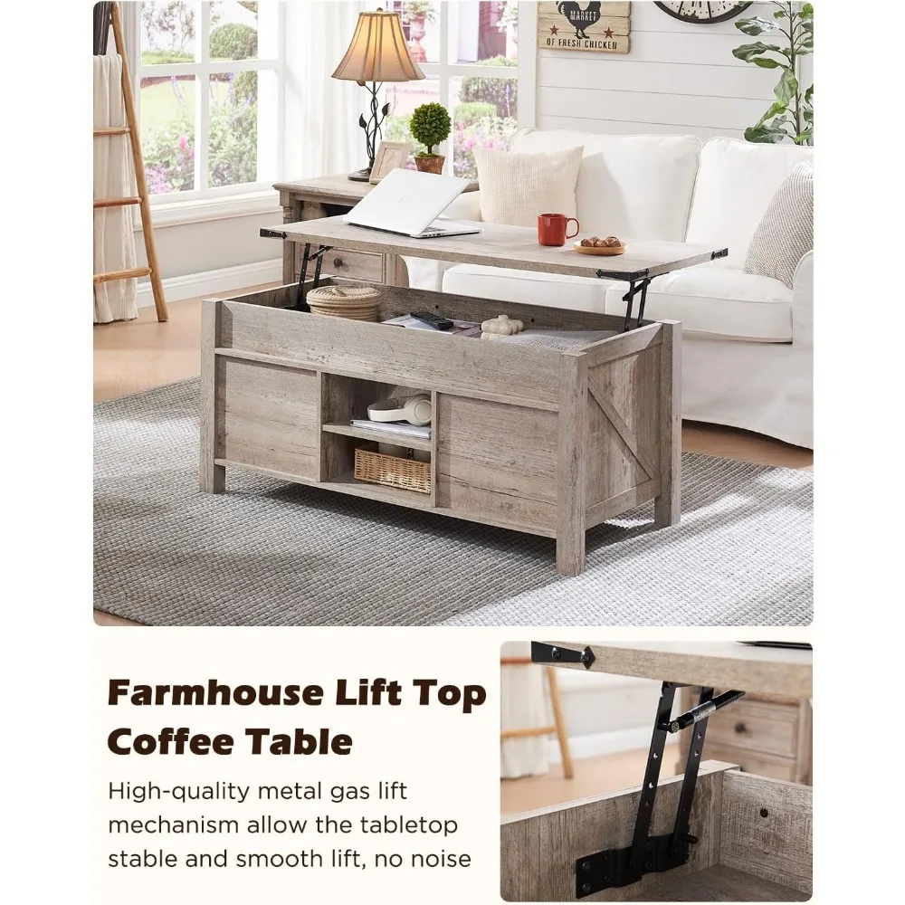 48" Farmhouse Lift Top Coffee Table with Sliding Barn Door, Rustic Center Table w/Hidden Storage Compartment, Lift Tabletop Din 3
