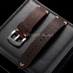 Universal Genuine Cowhide Leather Watch Band with Metal Buckle - Vintage Breathable Strap - 22mm (DarkBrown - Silver)