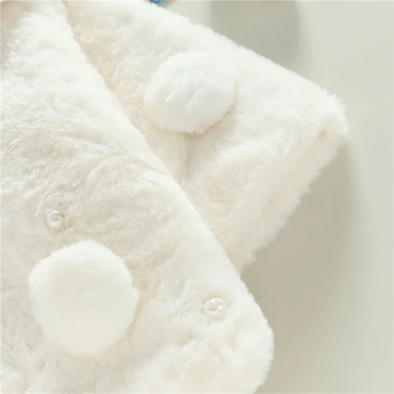 0-18months Baby Girl Winter Jacket Solid Color Wide Lapel Long Batwing Sleeve Fur Coat For Girl Pearl Decoration Snow Wear Cloak Winter Coat