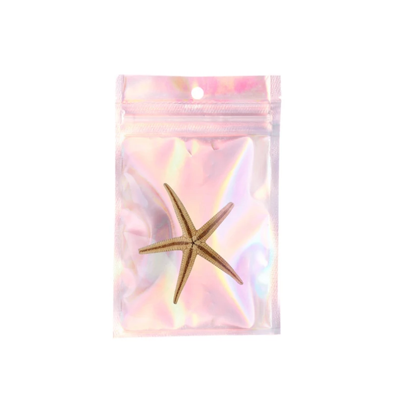 50 Stück wieder versch ließbare holo graphische rosa klare Reiß verschluss verpackungs tasche für Lebensmittel Wimpern Make-up Schmuck Display Klein unternehmen Lieferungen – Detail 5