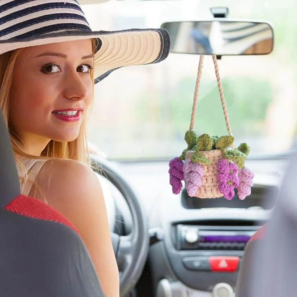 Vansolinne Enfeite Espelho Carro Crochê - Plantinha Suculenta Decorativa Presente Fofo