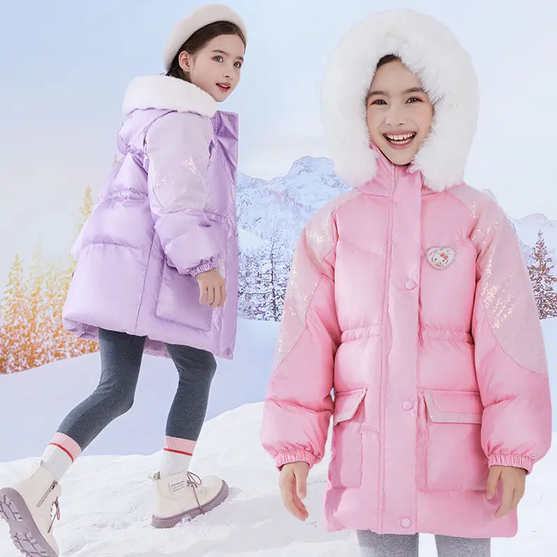

Kawaii Sanrio Hellokittyed пуховик милая девочка зимний утиный пух утепленный с капюшоном средней длины мультфильм хлопок куртка подарок