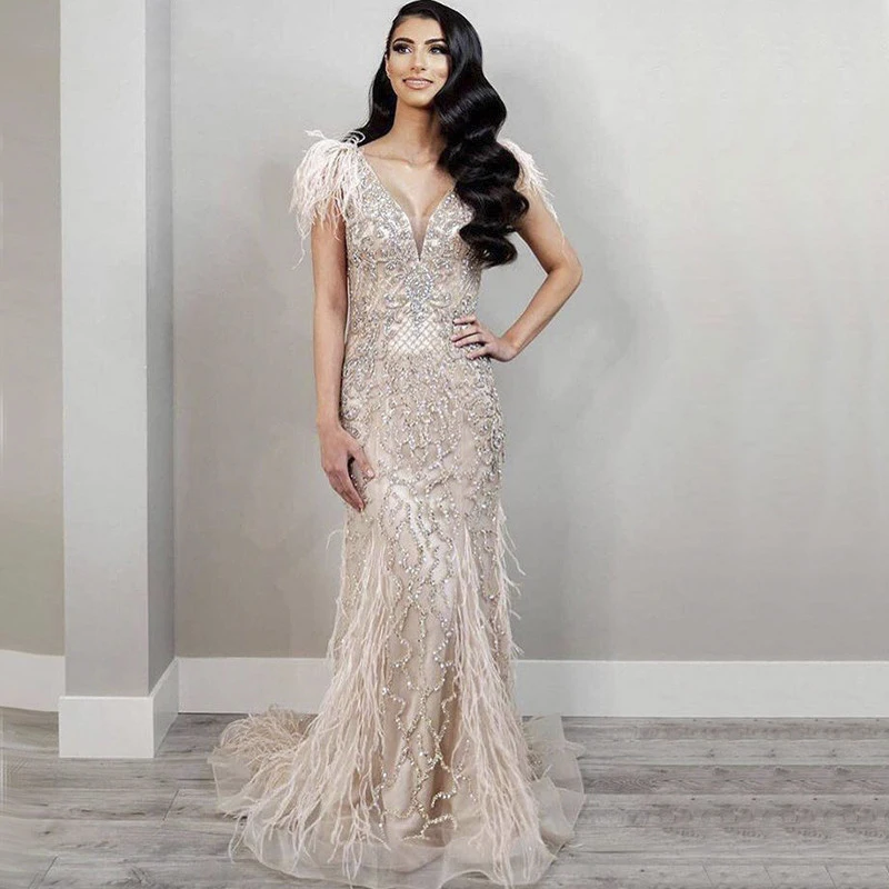 

Jancember Champagne Mermaid Feathers Evening Dress Luxury Dubai Prom Dresses Arabic Women Elegant Wedding Formal Party Gowns SCZ