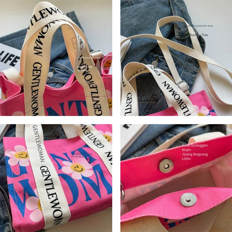 Dopamine Colorful Women's Crossbody Bags Fashionable Canvas Shoulder Bag Flower Print Tote Handbags Shopping Bag