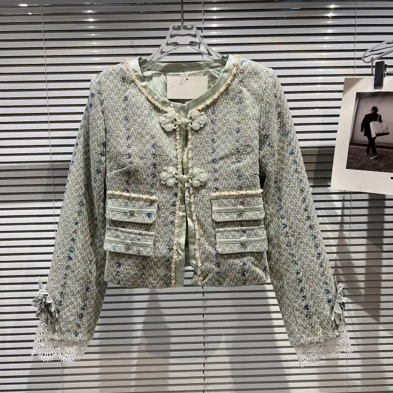 

Retro Tweed Plate Buckle Decoration Stitching Sleeves Coat V-neck Temperament Short Jacket 2022 Autumn Winter Office Lady Coats