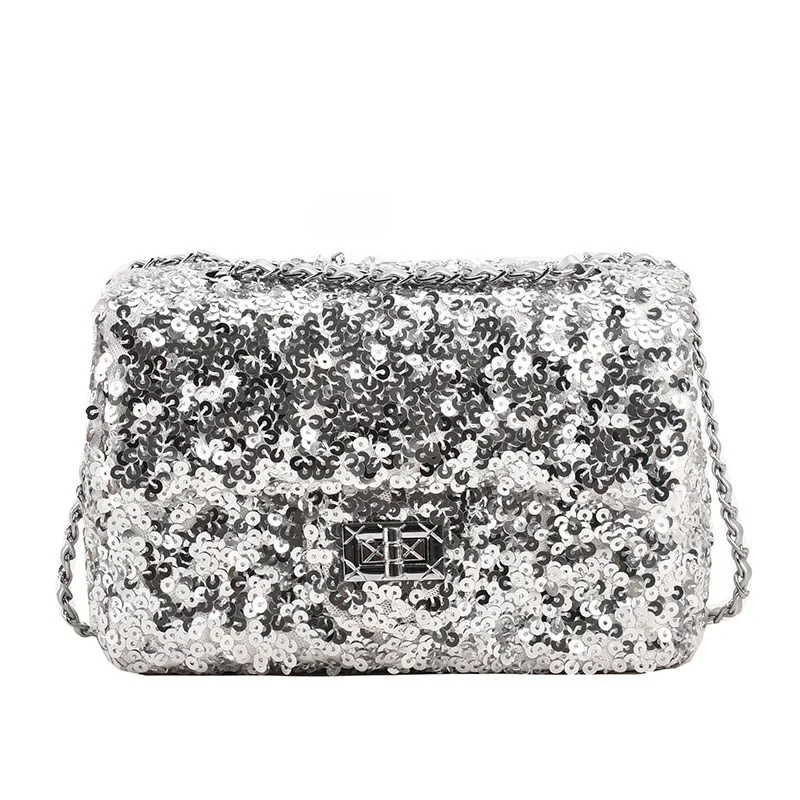 Popular Women's New 2024 Fashionable Sequins Shoulder Summer Niche Versatile Chain Crossbody Small Square Bag