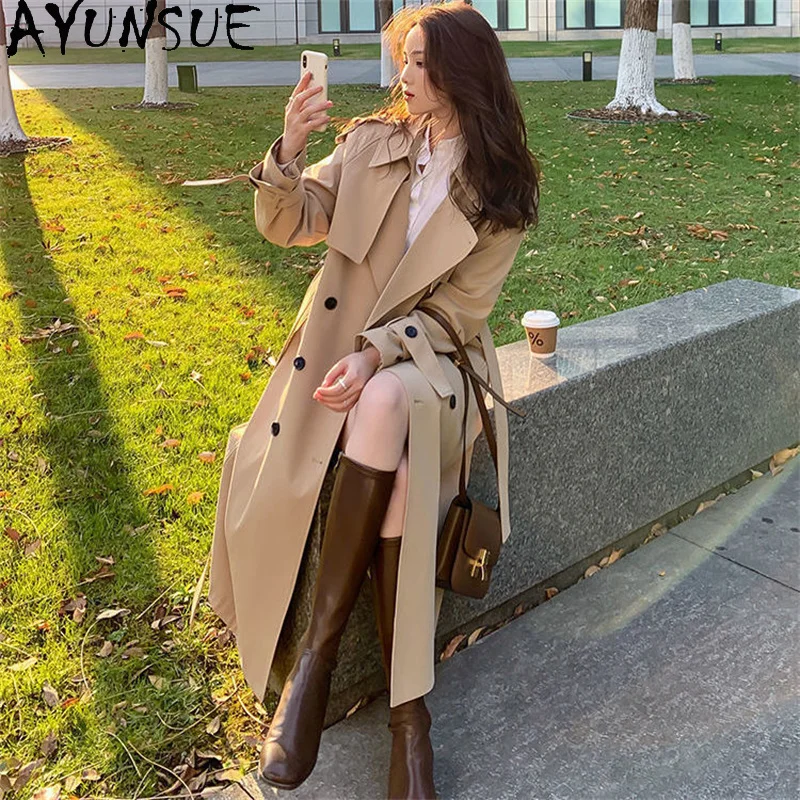 

Женский плащ свободного покроя AYUNSUE, элегантный повседневный двубортный плащ цвета хаки и черного цвета в Корейском стиле