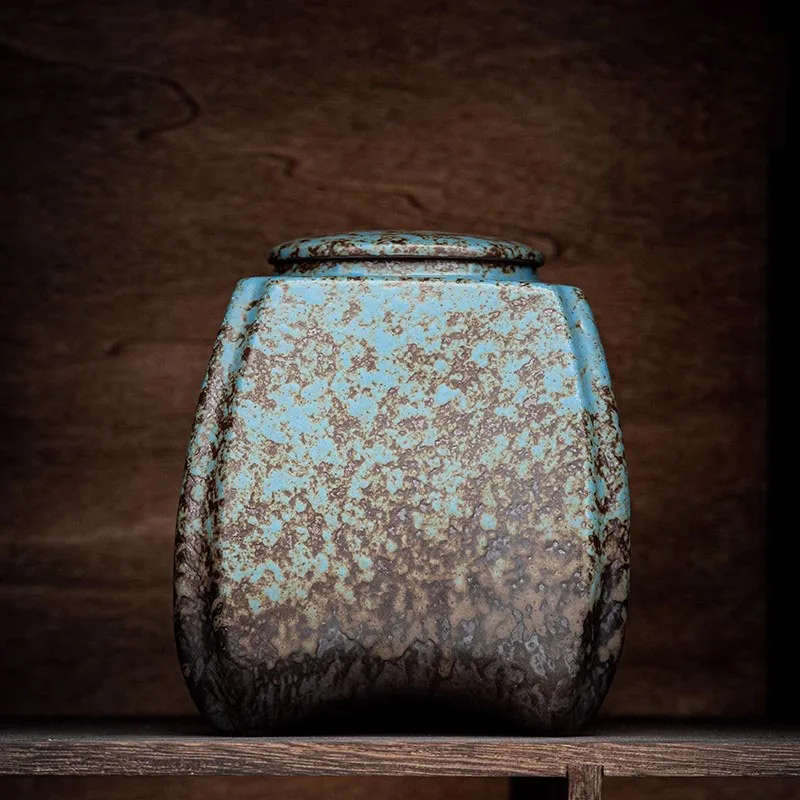 Kiln Turns Blue Ceramic Tea Caddy Sealed JarTea Box Decorative Storage Tank Tea Organizer Candy Jar Tea Container Storage Bottle