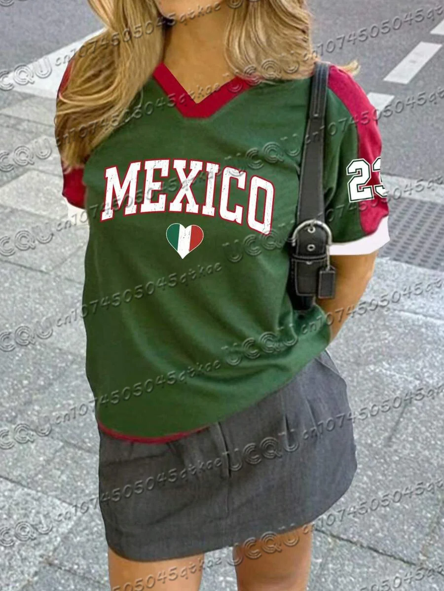Women'S Mexican Digital Printed Football Jersey T-Shirt V-Neck Loose Quick Drying Short Sleeved Sportswear Casual Clothing Top 3