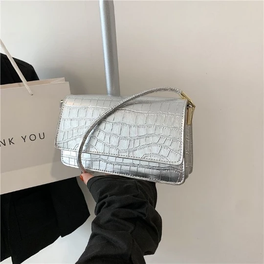 

Silver Korea Serpentine Girl Woman Messenger Trend Shoulder Bags PU PVC Leather Women Lady Shining Handbag Purses MINI Small Bag