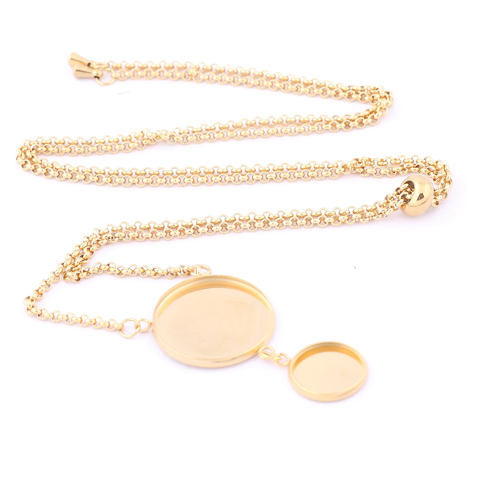 2Pcs Stainless Steel Gold Plated Adjustable Chain Necklace Bezel Blanks Fit 12Mm 20Mm Cabochon Pendant Base Setting Trays Diy