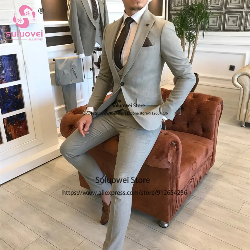 Fashion Peaked Lapel Business Suit For Men Slim Fit 3 Piece Jacket Vest Pants Set Male Office Blazer Formal Groom Wedding Tuxedo
